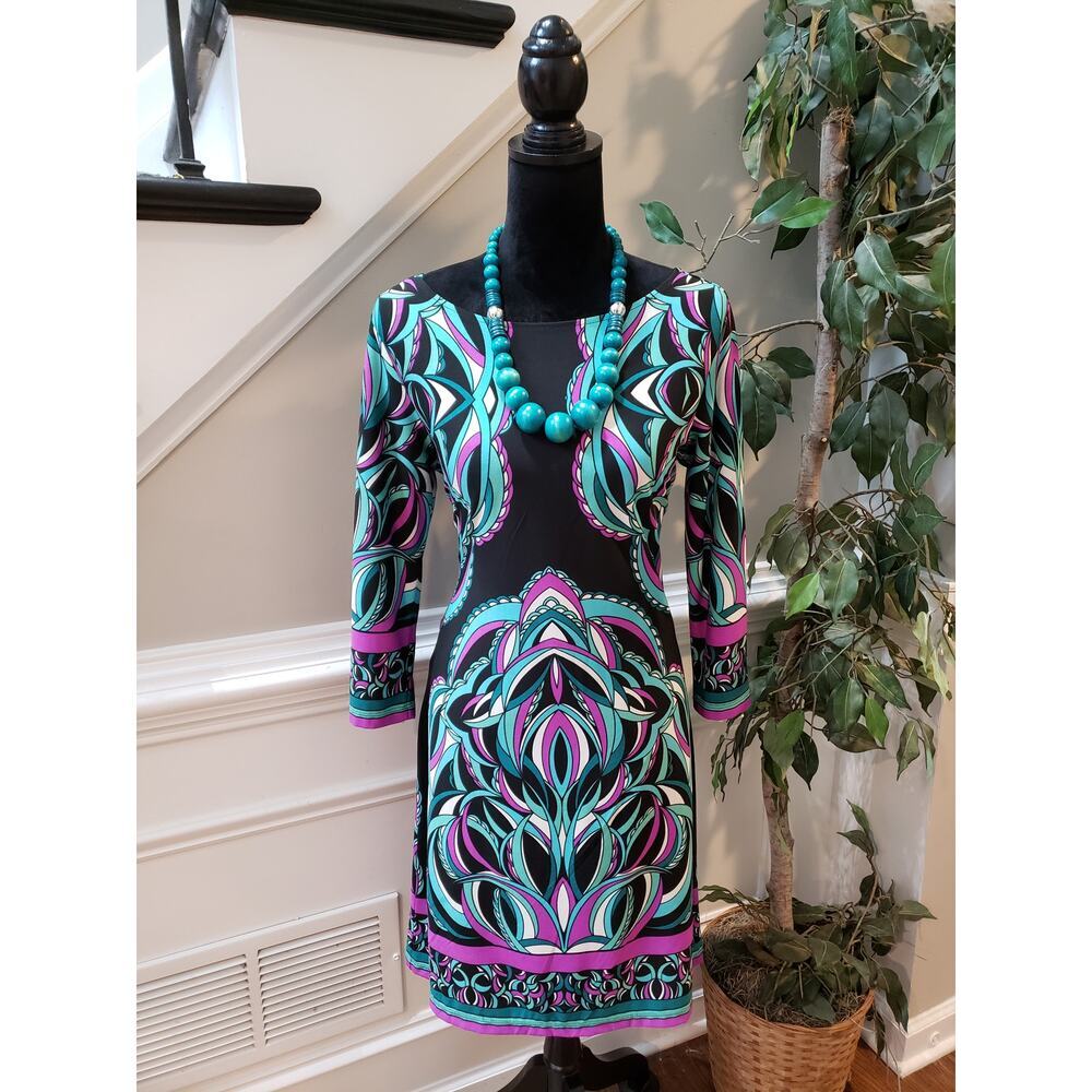 Forever‎ Dress Women M Multicolor Abstract Print Stretch 3/4 Sleeve Pullover